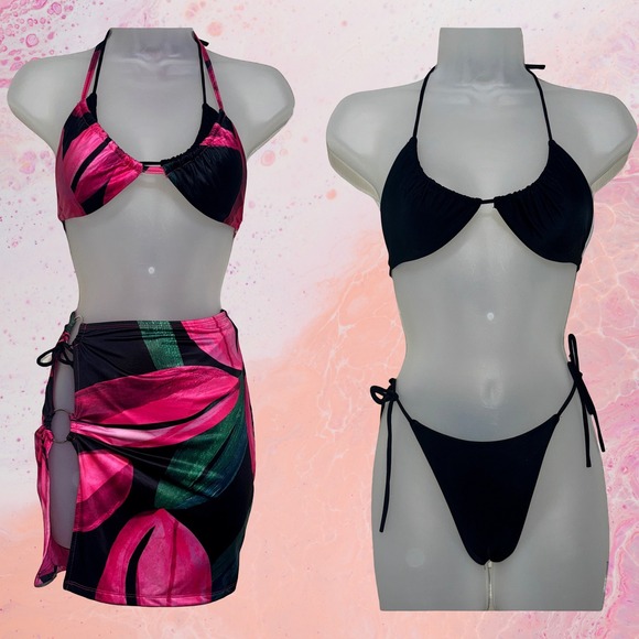 4‎ pieces set Bikini Black Floral Pink Skirt Cover Up Swimsuit Beach Tropical - Picture 1 of 10